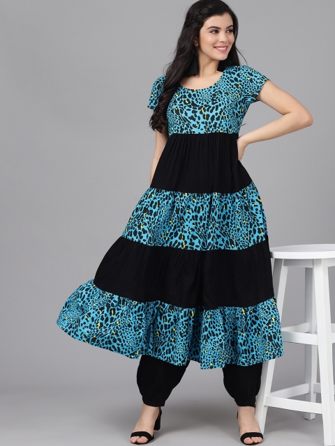 

AKS Women Blue & Black Animal Print Anarkali Kurta