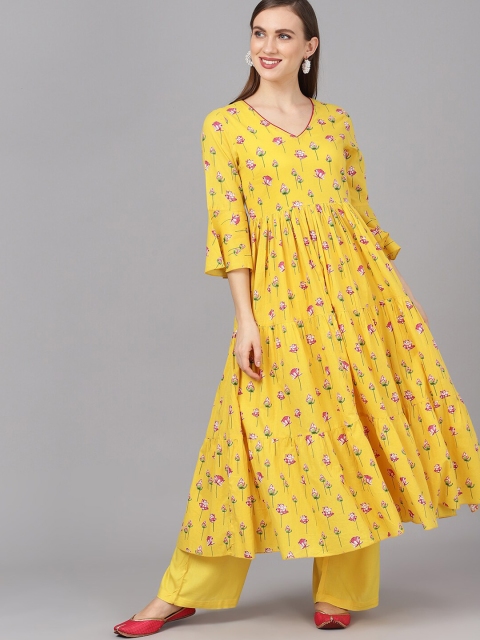 

AKS Women Yellow & Magenta Printed Anarkali Kurta