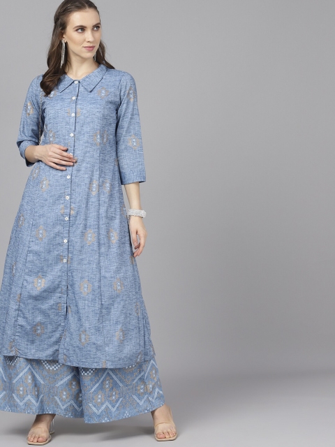 

AKS Women Blue & Gold-Coloured Printed A-Line Kurta