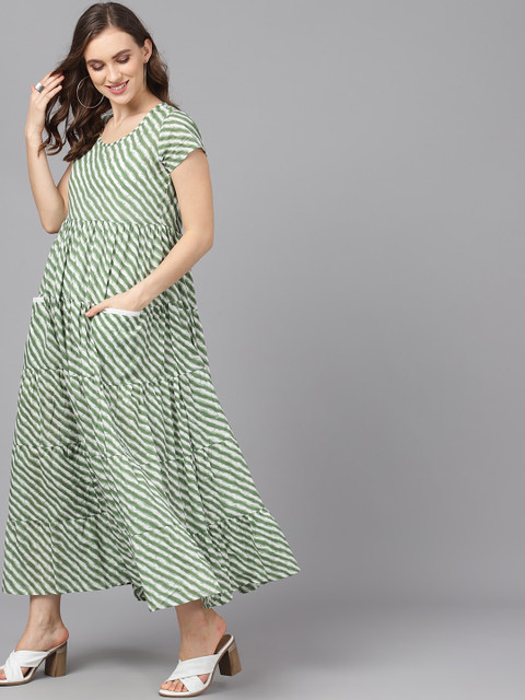 

AKS Women Green & White Striped Maxi Dress