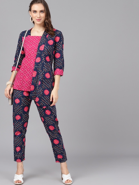 

AKS Women Navy Blue & Magenta Bandhani Print Coat with Trousers