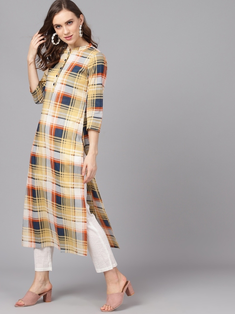 

AKS Women Yellow & Blue Checked Straight Kurta