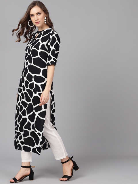 

AKS Women Black & White Printed Straight Kurta