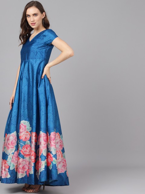 

AKS Women Blue & Pink Floral Printed Maxi Dress
