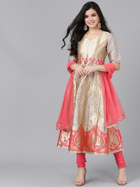 

AKS Women Grey & Peach Woven Design Kurta with Churidar & Dupatta