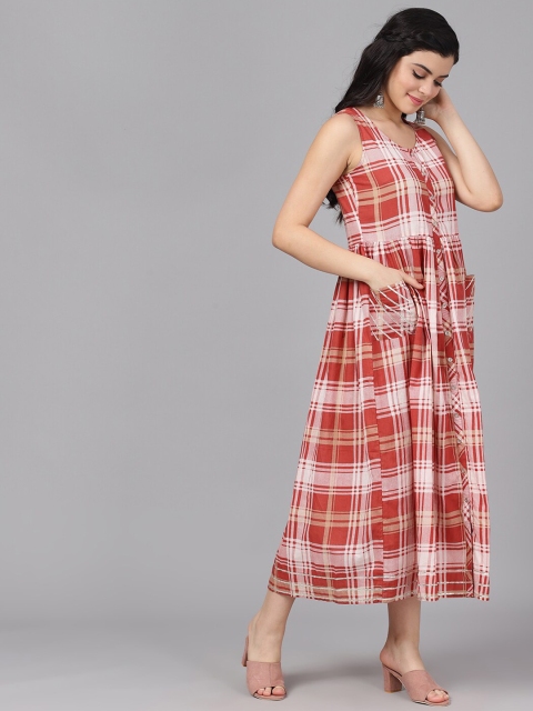 

AKS Women Rust Red & Off-White Checked A-Line Dress