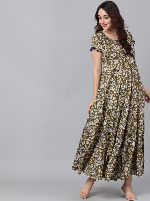 

AKS Women Olive Green & Beige Printed Maxi Dress