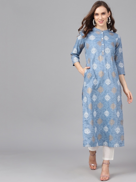

AKS Women Blue & Gold-Toned Printed Straight Kurta