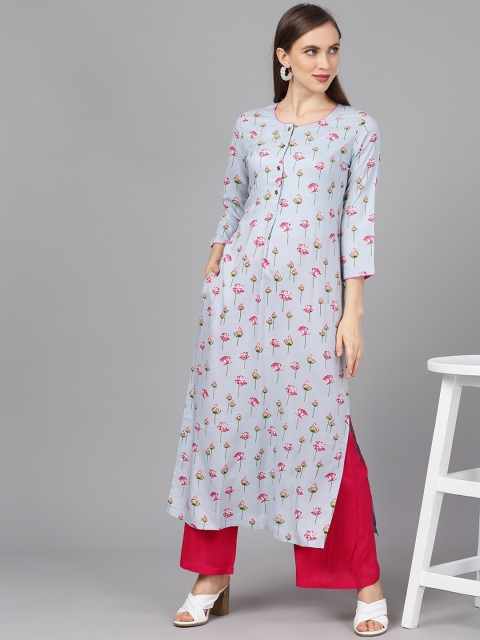 

AKS Women Blue & Pink Floral Print Straight Kurta