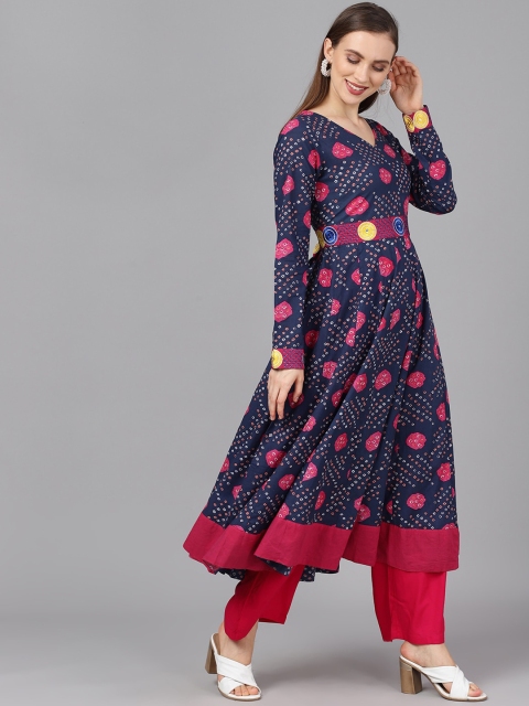 

AKS Women Navy Blue & Magenta Bandhani Printed Anarkali Kurta