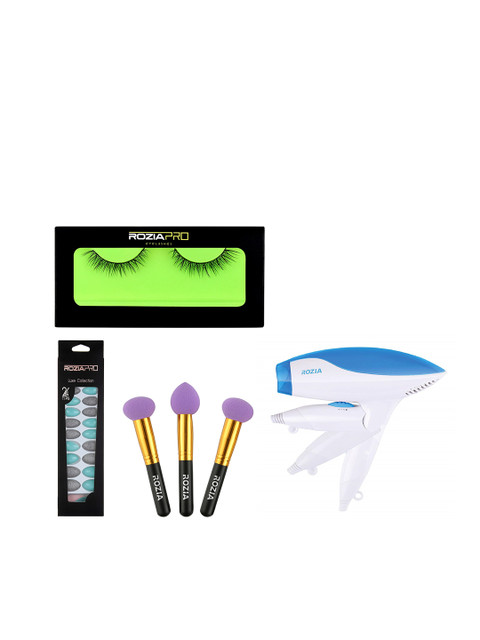 

Rozia Set of Hair Dryer, Artificial Nails, Artificial Eye Lashes & Makeup Blender Sponges, White
