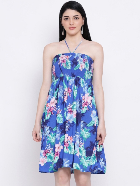 

Oxolloxo Women Blue & Pink Floral Printed Fit and Flare Dress