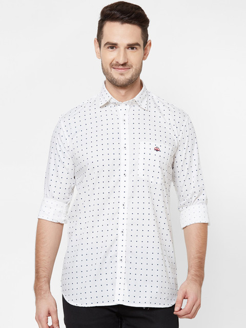 

Donzell Men White & Navy Blue Polka Dots Print Casual Shirt