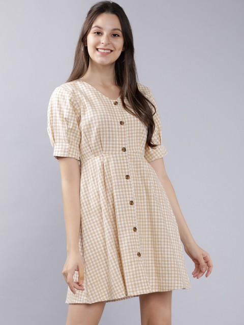 

Tokyo Talkies Women Off-White Checked Fit and Flare Dress