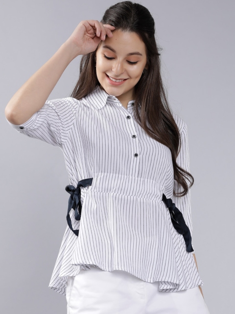 

Tokyo Talkies Women White & Navy Blue Striped Cinched Waist Top