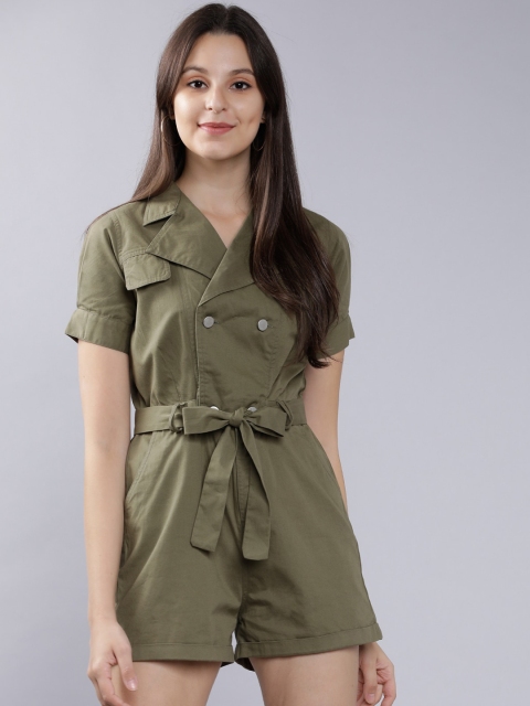 

Tokyo Talkies Women Olive Green Solid Playsuit