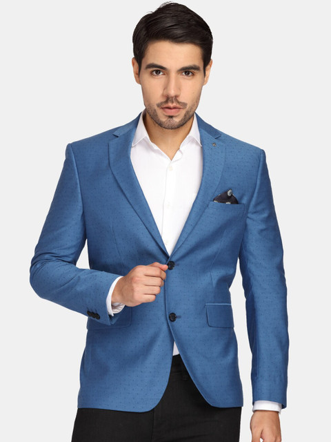 

Theme Men Blue Self-Design Single-Breasted Casual Pure Cotton Blazer
