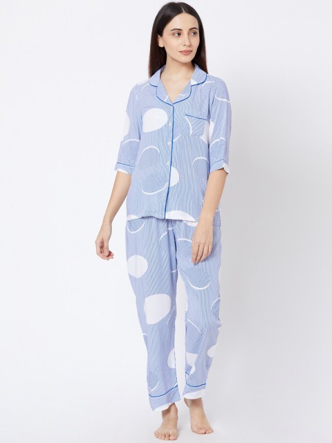 

Sweet Dreams Women Navy Blue & White Striped Night Suit