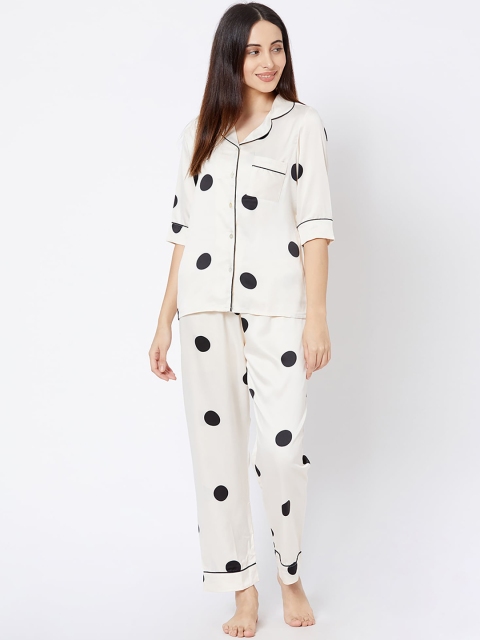 

Sweet Dreams Women Cream & Black Polka Dots Print Night suit