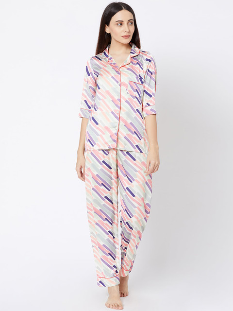 

Sweet Dreams Women White & Peach-Coloured Striped Night Suit