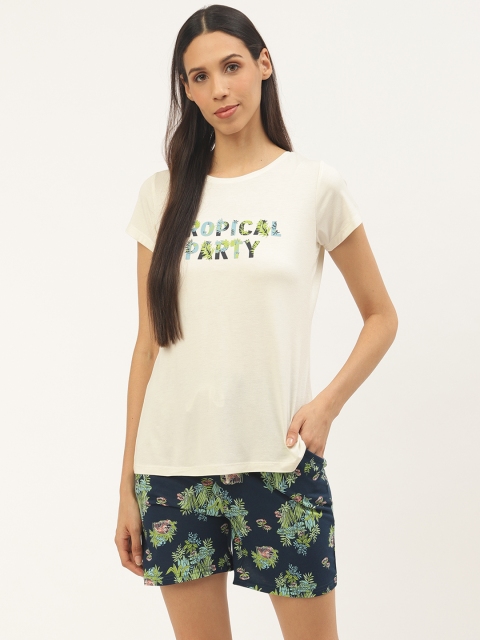 

Sweet Dreams Women Off-White & Navy Blue Tropical Print Night Suit