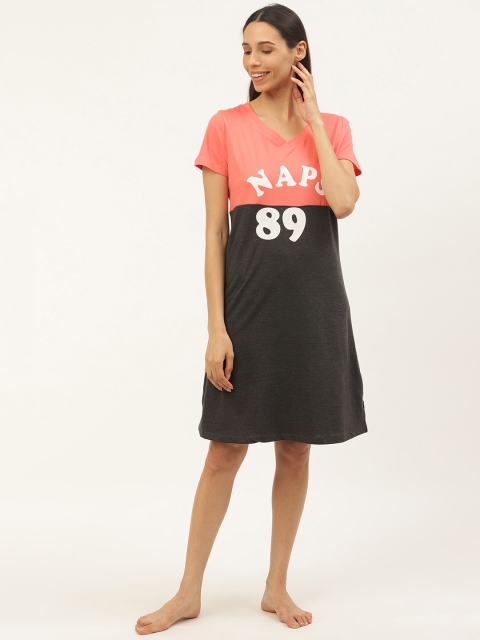 

Sweet Dreams Black & Coral Pink Pure Cotton Colourblock Sleep Shirt with Printed Detail
