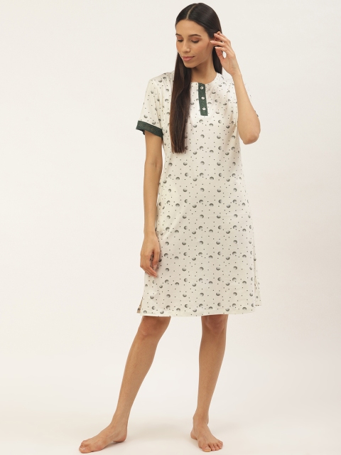 

Sweet Dreams Women Off-White & Olive Green Pure Cotton Geometric Print Nightdress
