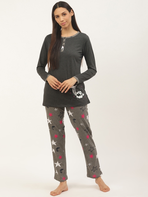 

Sweet Dreams Women Charcoal Grey & Pink Printed Night Suit