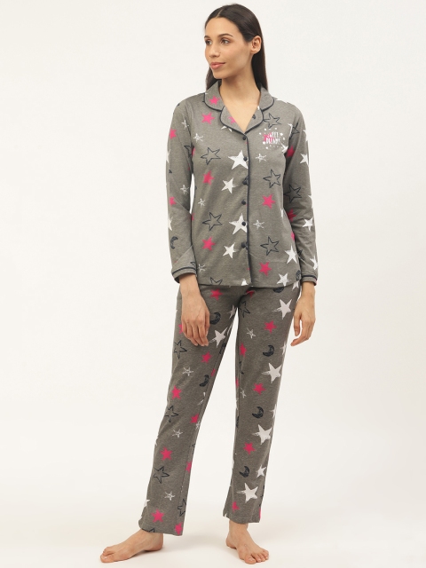 

Sweet Dreams Women Grey Melange & Pink Star Print Printed Night suit