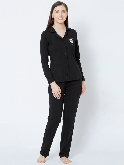 

Sweet Dreams Women Black Solid Night suit with Embroidery Details