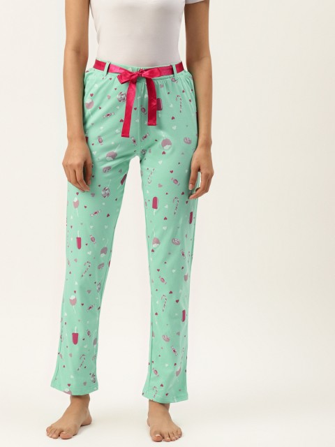 

Sweet Dreams Women Green & Pink Regular Fit Conversational Print Belted Lounge Pants