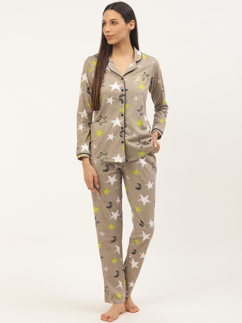 

Sweet Dreams Women Beige & Navy Blue Star Print Printed Night suit