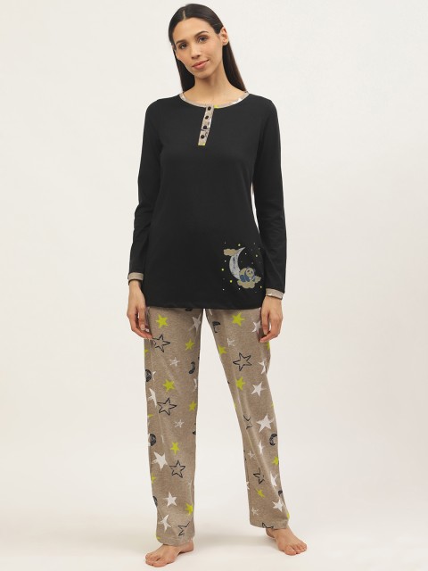 

Sweet Dreams Women Black & Beige Printed Night Suit