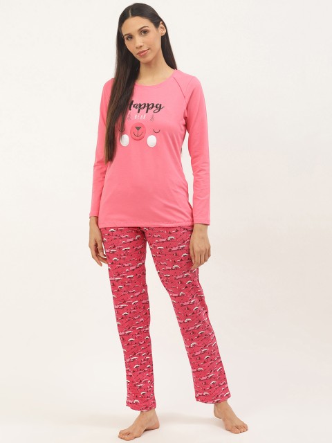 

Sweet Dreams Women Pink & White Bear Face Applique Detail Night suit