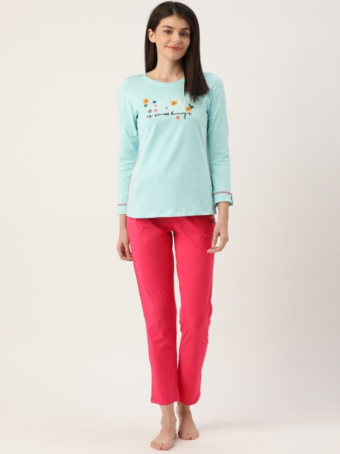 

Sweet Dreams Women Blue & Pink Solid Night Suit with Printed Detail