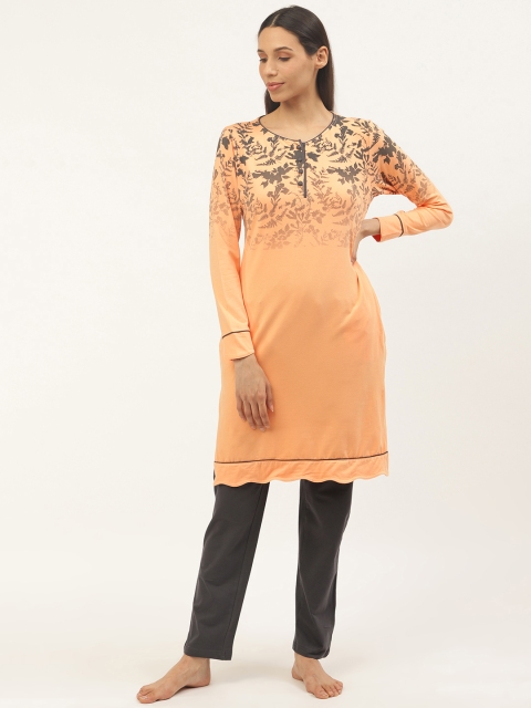 

Sweet Dreams Women Peach-Coloured & Charcoal Grey Leaf Print Night Suit