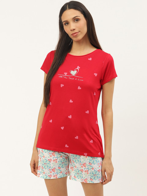 

Sweet Dreams Women Red & Blue Hearts Print Night Suit