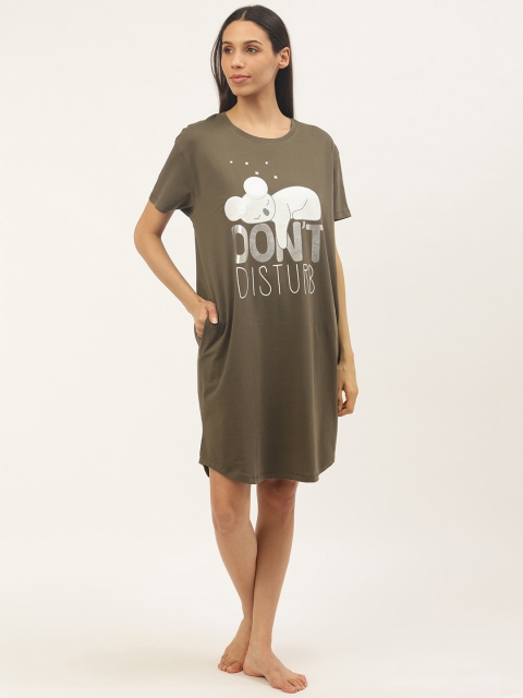 

Sweet Dreams Women Olive Green & White Pure Cotton Koala Print Knee Length Sleep T-shirts