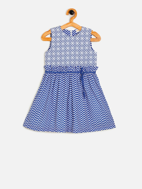 

Aomi Girls Blue & White Printed Fit and Flare Dress