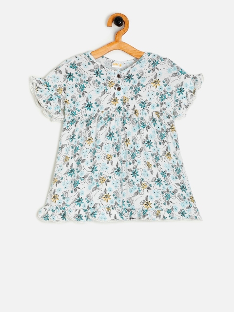 

Aomi Girls White & Blue Floral Printed Empire Top