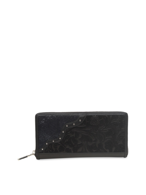 

Da Milano Women Black Floral Textured Leather Zip Around Wallet
