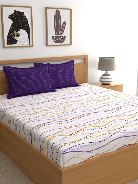 

Dreamscape Purple White Abstract 144 TC Cotton 1 Queen Bedsheet with 2 Pillow Covers