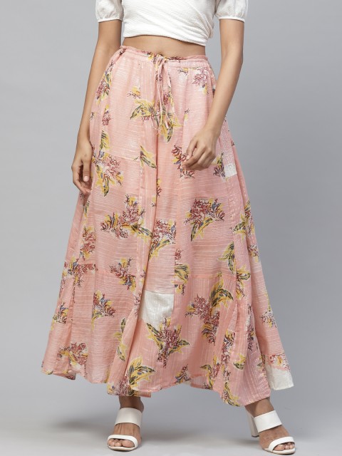 

I AM FOR YOU Women Peach-Coloured & Green Printed Flared Palazzos