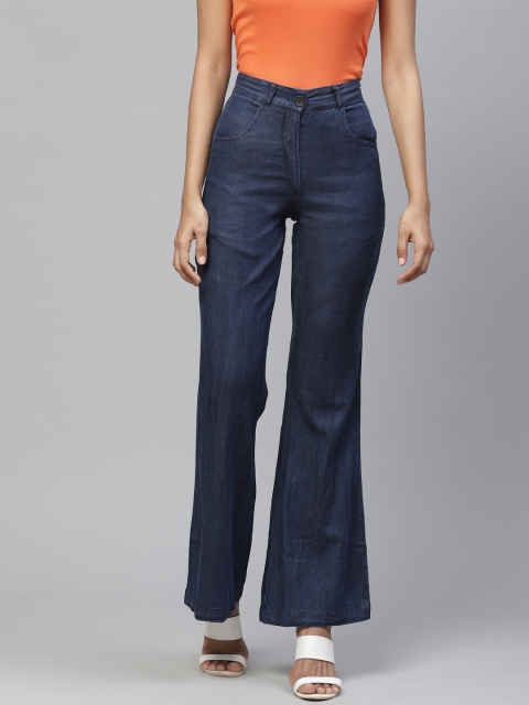 

I AM FOR YOU Women Navy Blue Tailored Flared Solid High-Rise Bootcut Chambray Trousers
