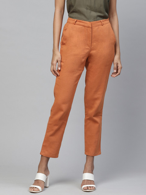 

I AM FOR YOU Women Rust Brown Tailored Skinny Fit Solid Cropped Trousers