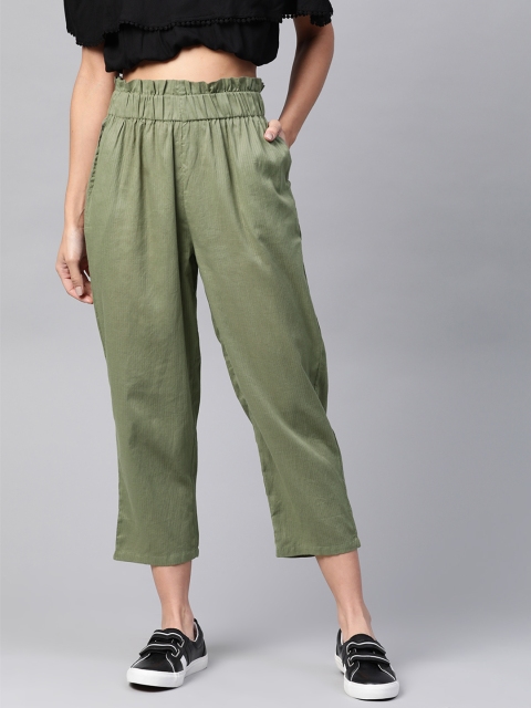

I AM FOR YOU Women Olive Green Tailored Loose Fit Self Striped Peg Trousers