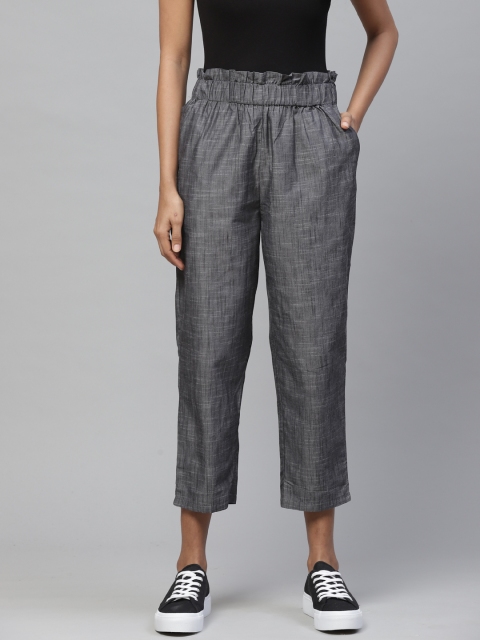 

I AM FOR YOU Women Charcoal Grey Tailored Loose Fit Slub Effect Cropped Peg Trousers