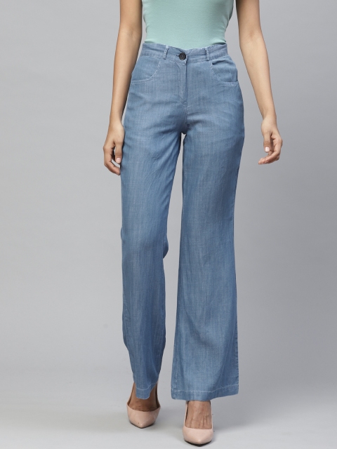 

I AM FOR YOU Women Blue Tailored Flared Solid High-Rise Bootcut Chambray Trousers