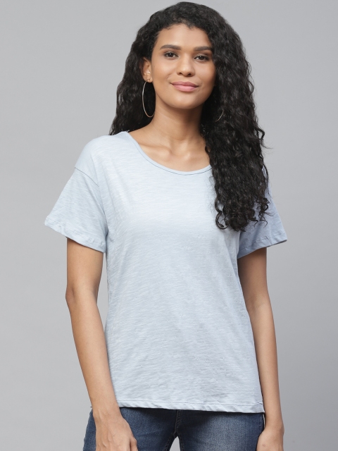 

I AM FOR YOU Women Blue Slub Effect Round Neck T-shirt