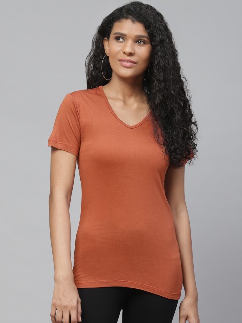 

I AM FOR YOU Women Rust Red Slim Fit Solid V-Neck T-shirt